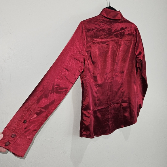 Lucca Wildfang Satin Shirt Button Up Long Sleeve Blouse Maroon Red Silky Small - Picture 9 of 16